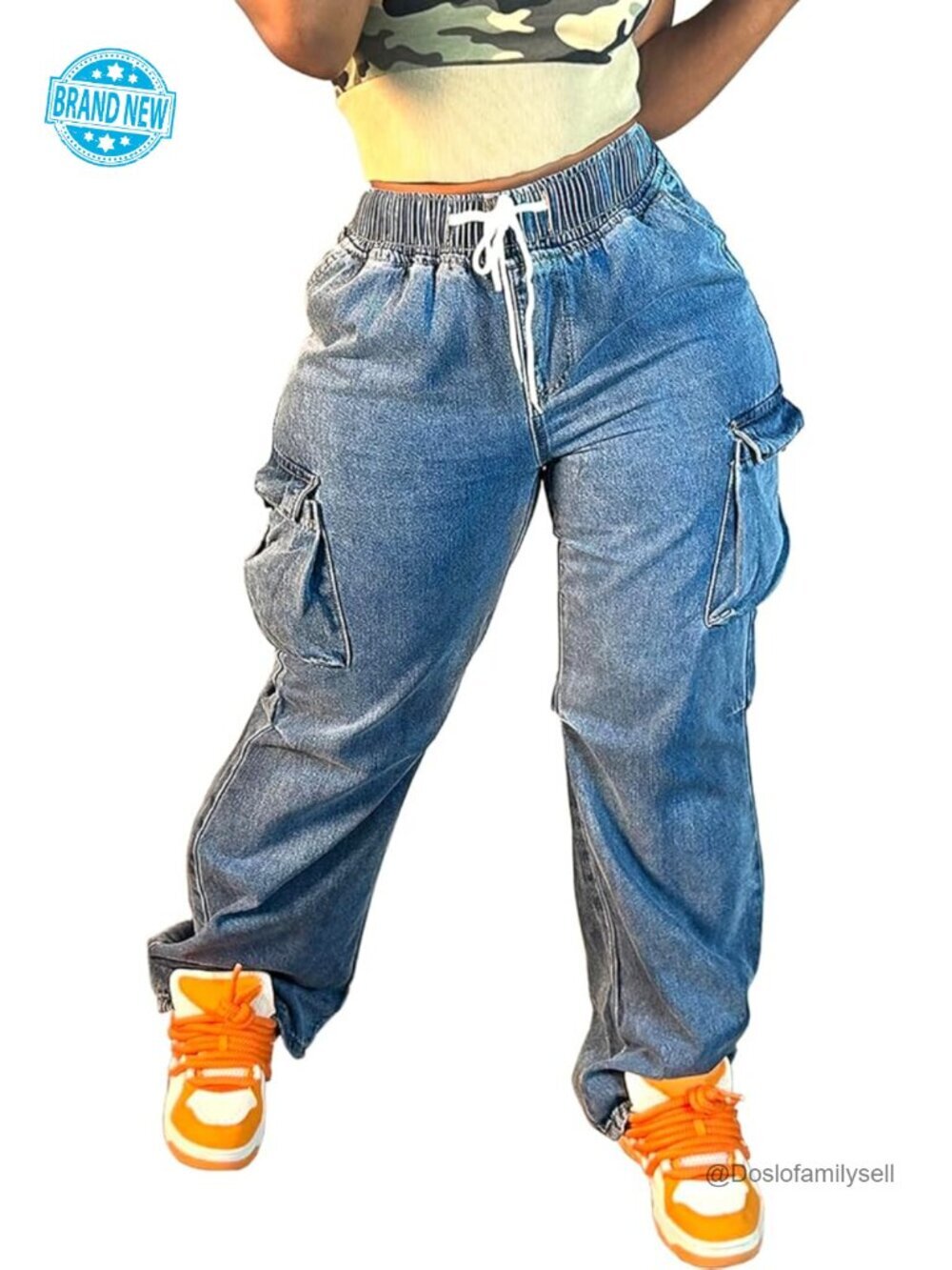 Mid Rise Cargo Jeans Stretch Wide Leg Denim Pants with Pockets Baggy Streetwear